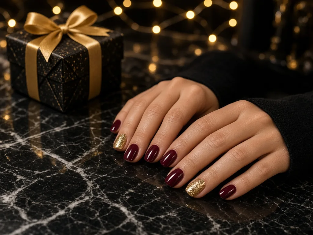 Burgundy holiday manicure with gold glitter accent nails next to a wrapped gift